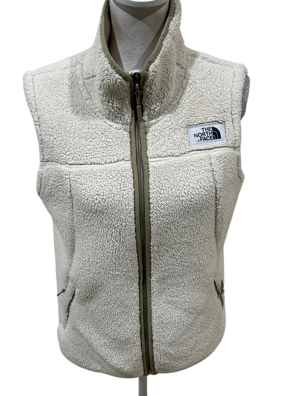 The North Face Cream zip up Sherpa Vest with Stand Collar size medium